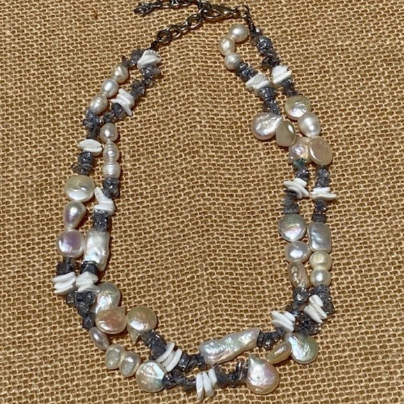 Necklace Pearl Freshwater Authentic double stranded, grey stone necklace adjust - Picture 1 of 10